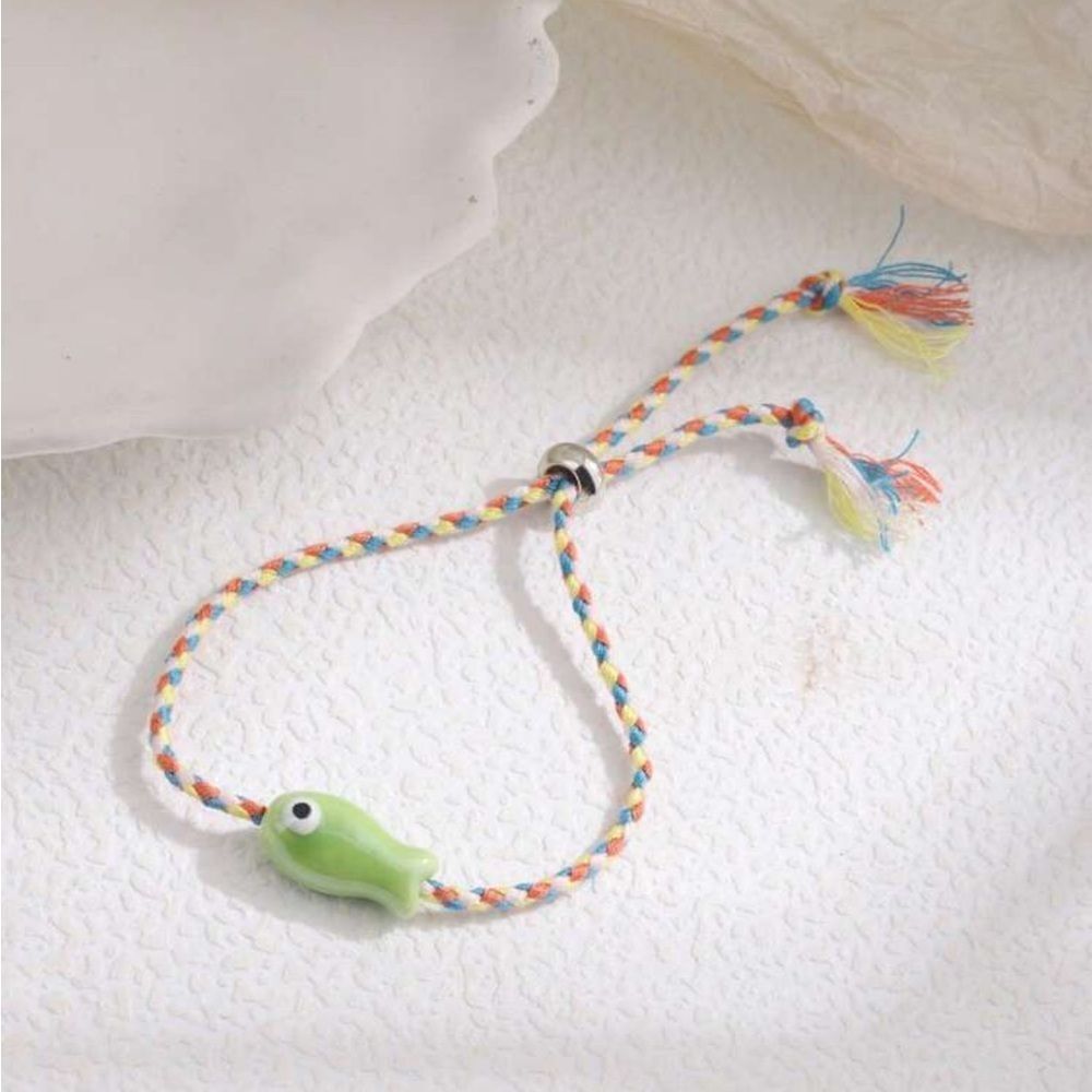 Colorful Braided Bracelet with Green Fish Charm S965